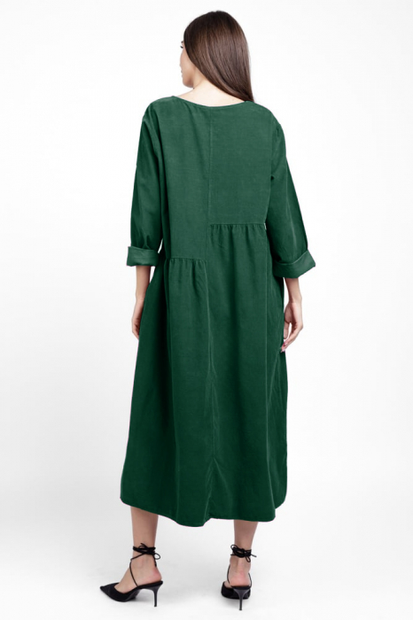 Rochie din catifea reiata, cu taieturi asimetrice si floare aplicata, verde inchis [3]