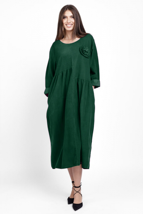 Rochie din catifea reiata, cu taieturi asimetrice si floare aplicata, verde inchis [2]