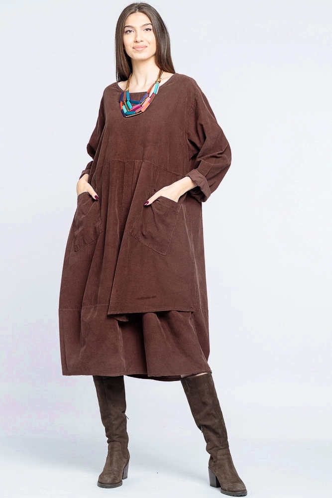 Rochie din catifea reiata maro, masura mare, suprapusa