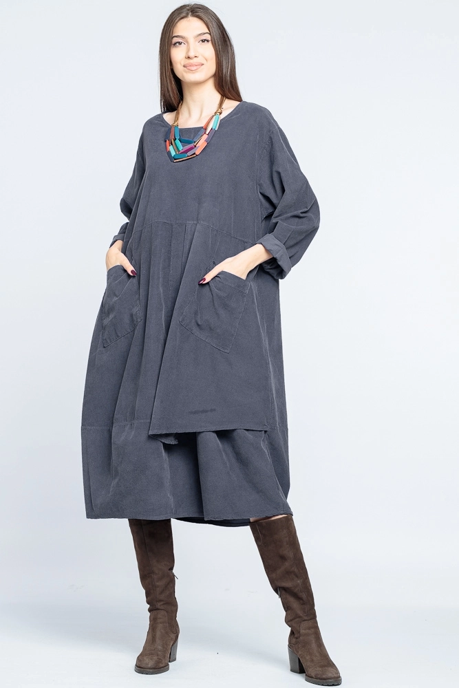 Rochie din catifea reiata gri, masura mare, suprapusa