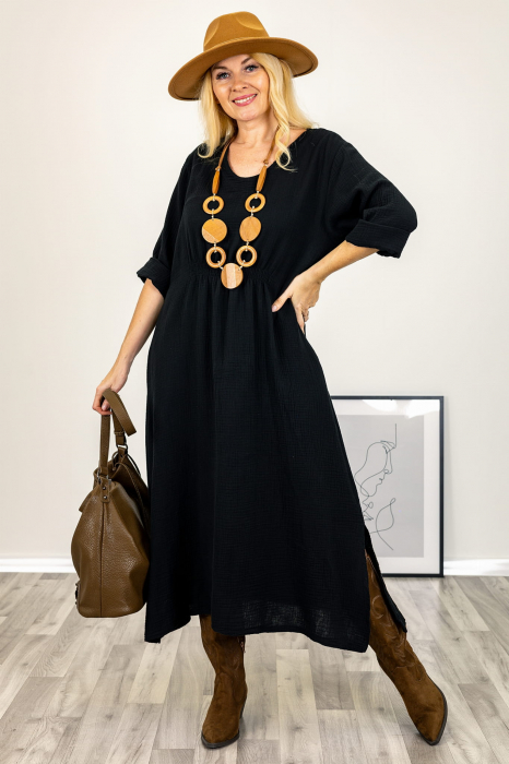 Rochie din catifea reiata neagra, cu elastic sub bust