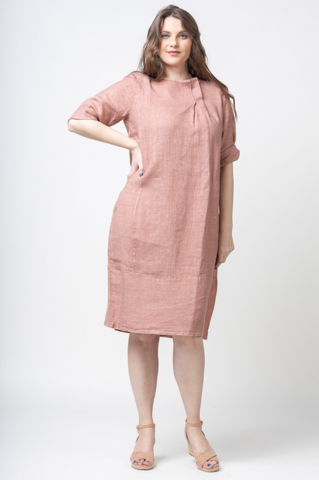 Rochie din in cu doua cute pe decolteu, roz prafuit