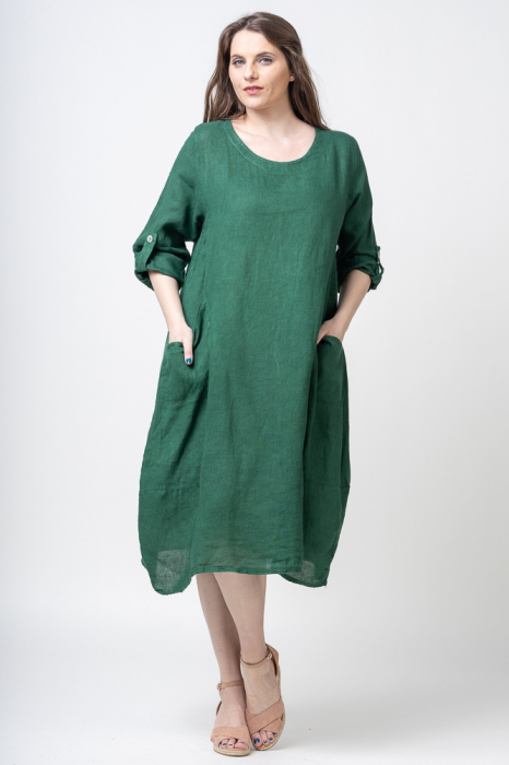 Rochie lalea din in cu buzunare, verde