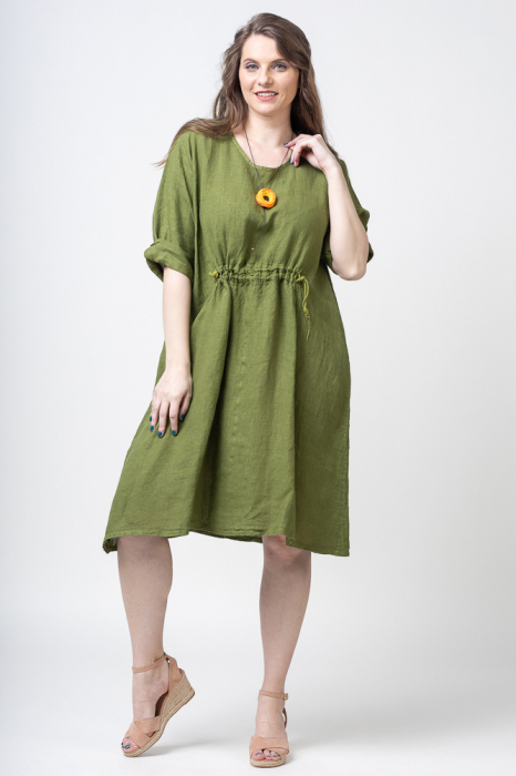 Rochie din in cu snur in talie, verde olive