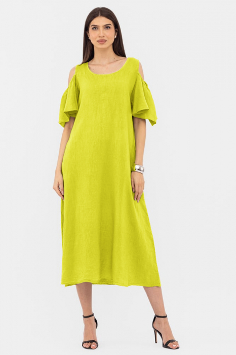 Rochie din in cu umerii goi, lunga, A-line, verde lime