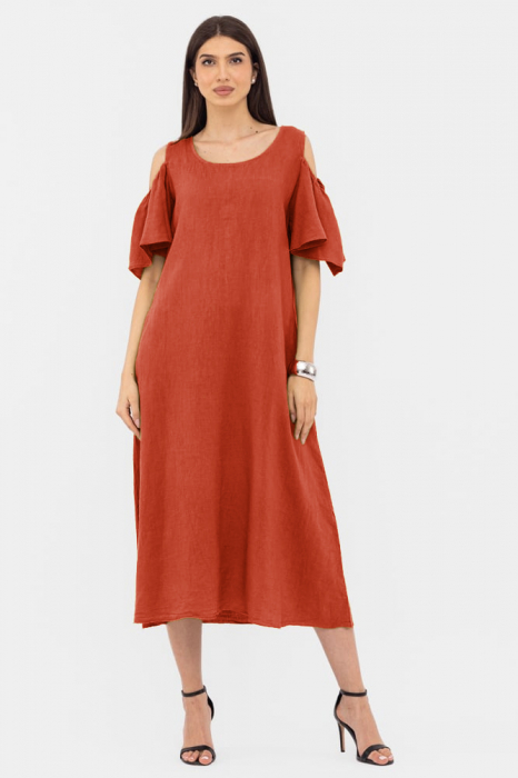 Rochie A-line din in cu umerii goi, lunga,  A-line, caramizie
