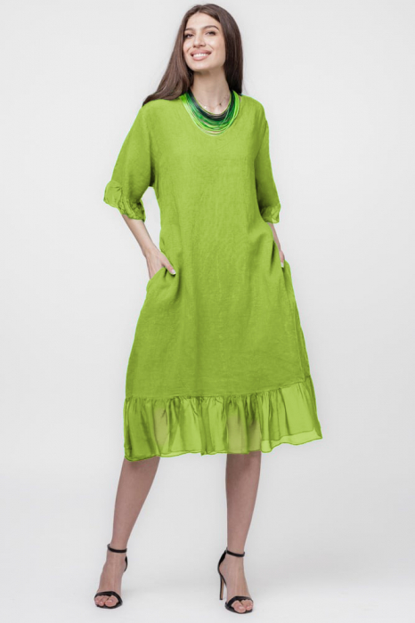 Rochie din in verde, cu volane din matase si snur in talie