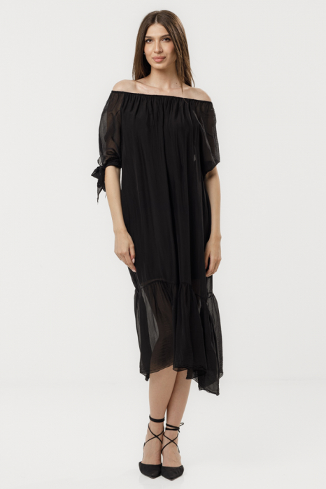 Rochie din matase naturala cu detalii feminine si croiala lejera, neagra