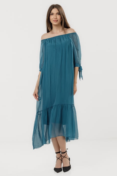 Rochie din matase naturala cu detalii feminine si croiala lejera, turcoaz inchis
