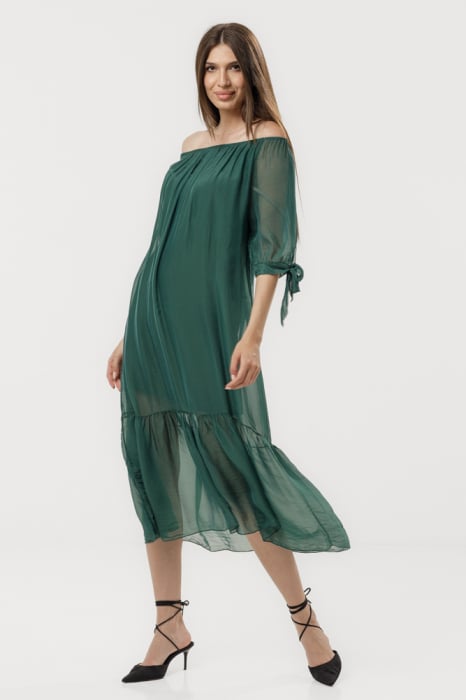 Rochie din matase naturala cu detalii feminine si croiala lejera, verde forest