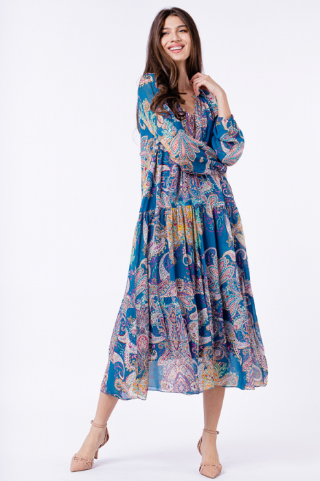 Rochie din matase naturala, cu doua volane si imprimeu arabesque pe fond turcoaz