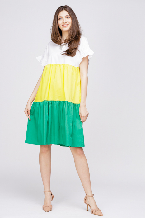 Rochie din poplin cu volane colorate verde - galben - alb