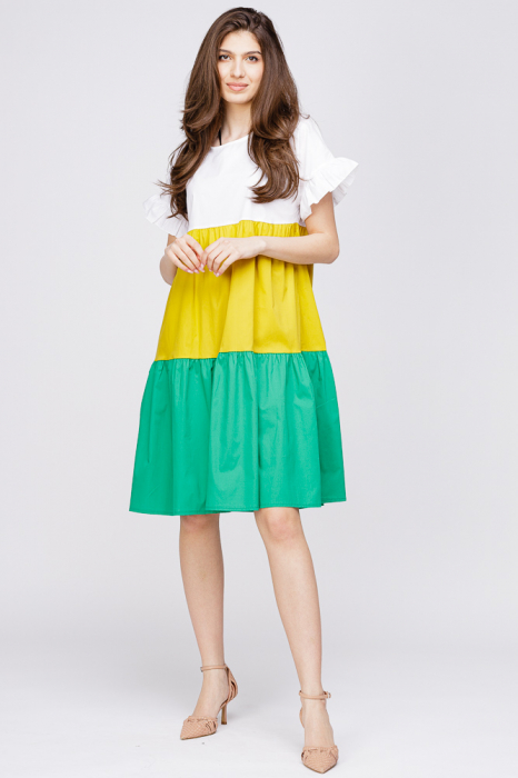 Rochie din poplin cu volane colorate verde - mustar - alb