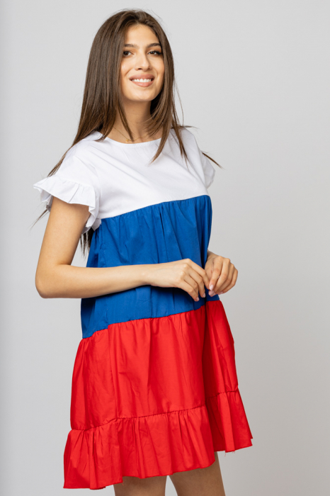 Rochie din poplin de bumbac cu trei volane colorate rosu-albastru-alb