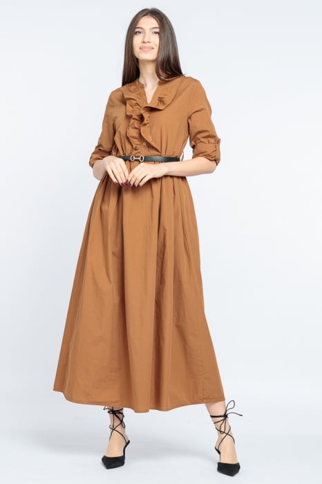 Rochie lunga camel din poplin de bumbac, cu jabou si taiata in talie