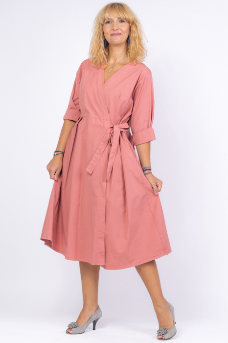 Rochie din poplin satinat petrecuta, ampla la poale, cu talie reglabila, roz