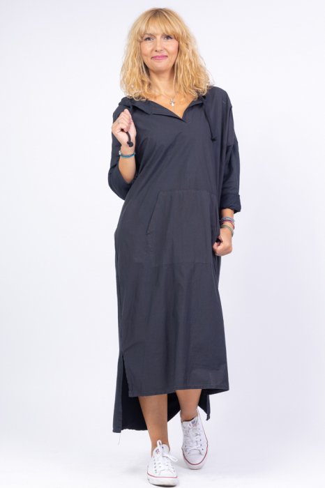 Rochie din poplin satinat si tricot cu buzunar marsupiu, neagra