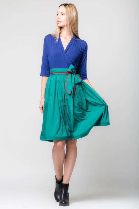 Rochie din tricot albastru si tafta verde