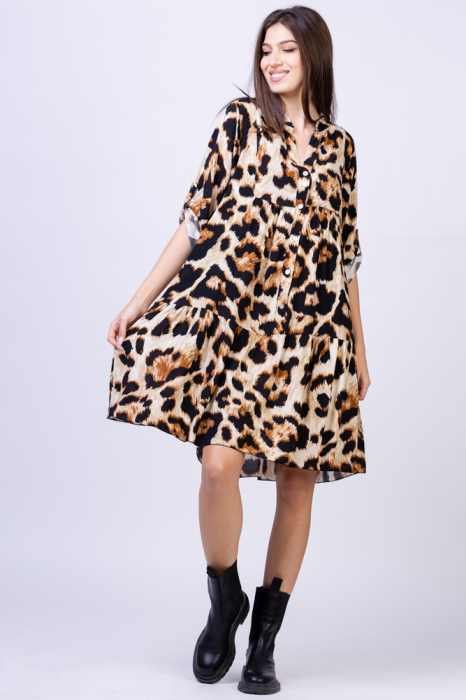 Rochie din vascoza cu volan si imprimeu animal print maro-bej