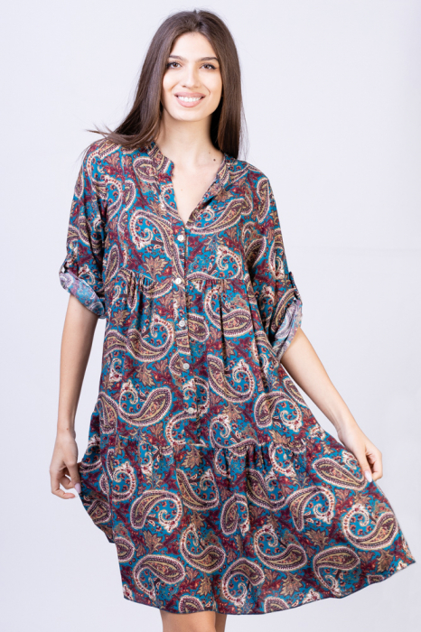 Rochie din vascoza cu volan si imprimeu arabesque pe fond turcoaz