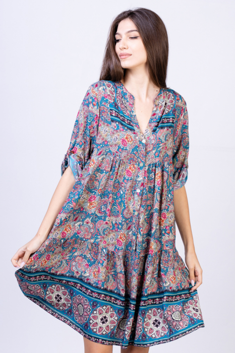 Rochie din vascoza cu volan si imprimeu boho pe fond turcoaz