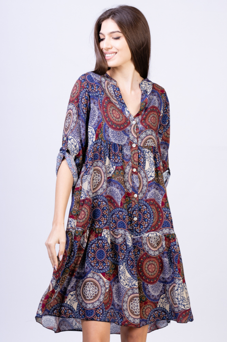 Rochie din vascoza cu volan si imprimeu mandale bleumarin-bordo