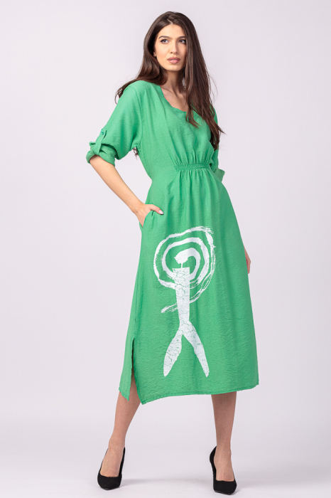 Rochie din vascoza verde, cu elastic sub bust si imprimeu