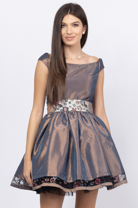 Rochie eleganta cu jupa din tull, din satin bronz metalizat si aplicatii decorative