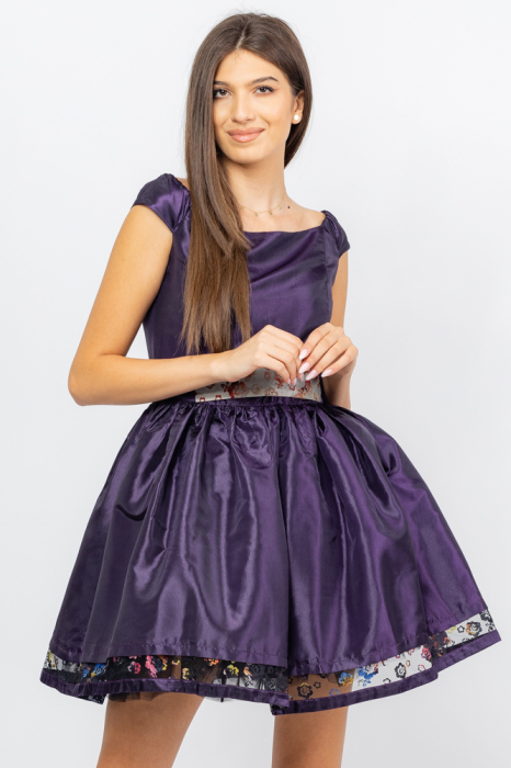 Rochie eleganta cu jupa din tull, din satin mov metalizat si aplicatii decorative