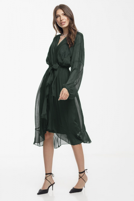 Rochie eleganta din matase naturala si vascoza, petrecuta, cu maneci vaporoase si croiala asimetrica, gri