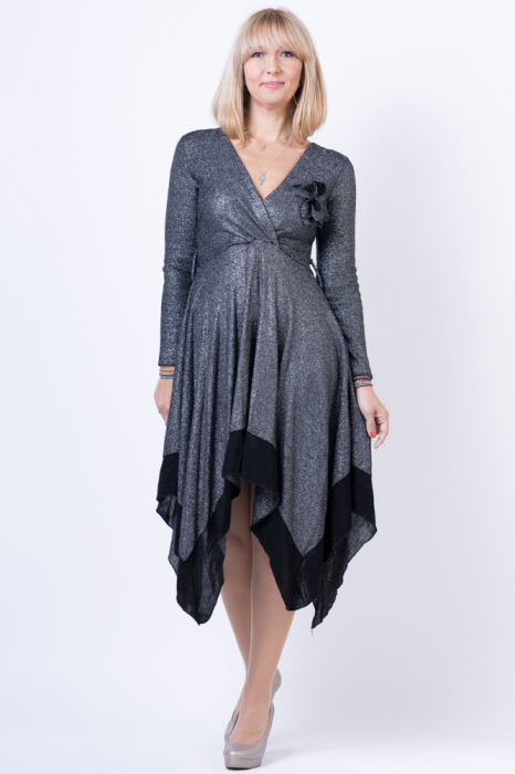 Rochie eleganta neagra, in colturi, cu lurex argintiu