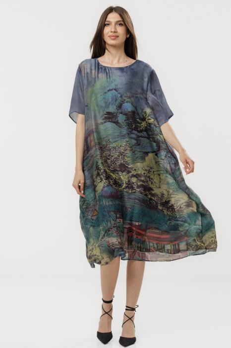 Rochie turcoaz eleganta satinata A-line cu croiala lejera si imprimeu pictural