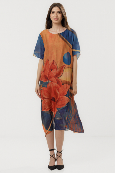 Rochie eleganta satinata A-line cu croiala lejera si imprimeu floral in tonuri de oranj-albastru-rosu