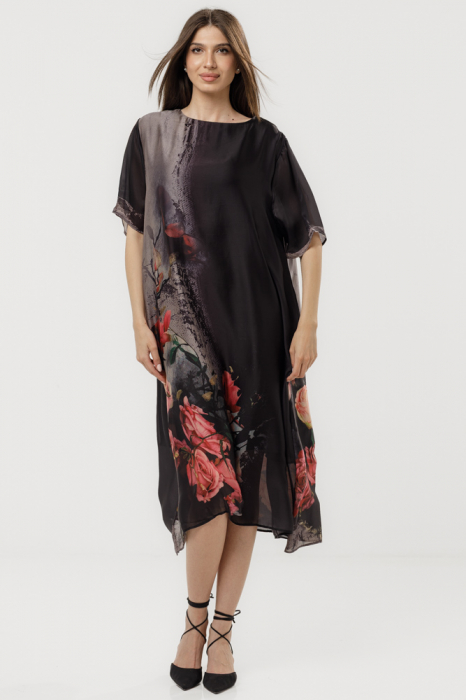 Rochie neagra eleganta satinata A-line cu croiala lejera si imprimeu trandafiri stilizati