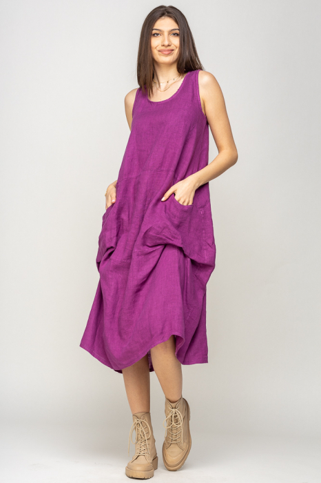Rochie fara maneci, lalea, din in, cu falduri, mov