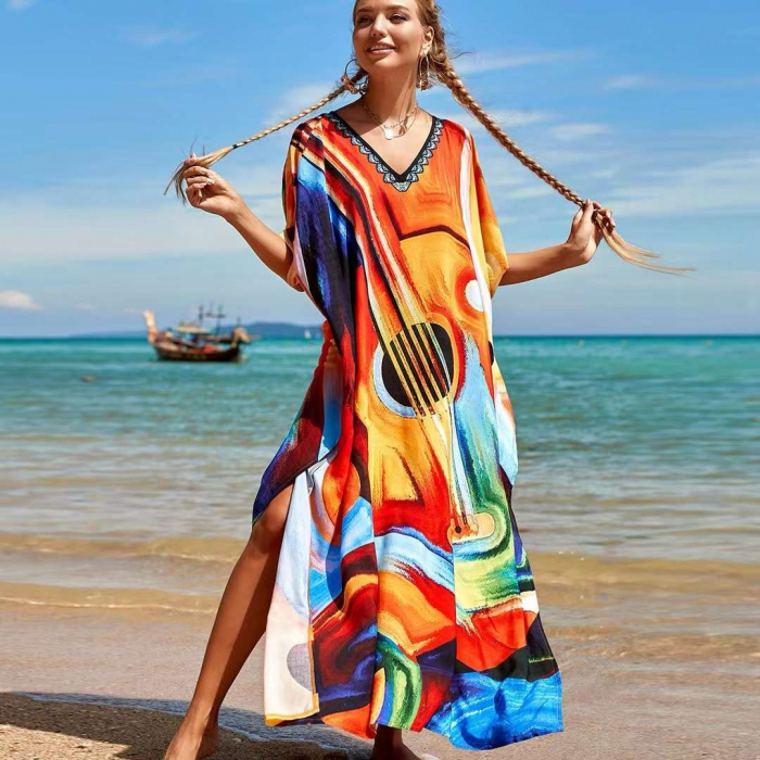 Rochie boema de plaja lunga oversize, tip poncho din bumbac si vascoza, cu imprimeu artistic-Chitara