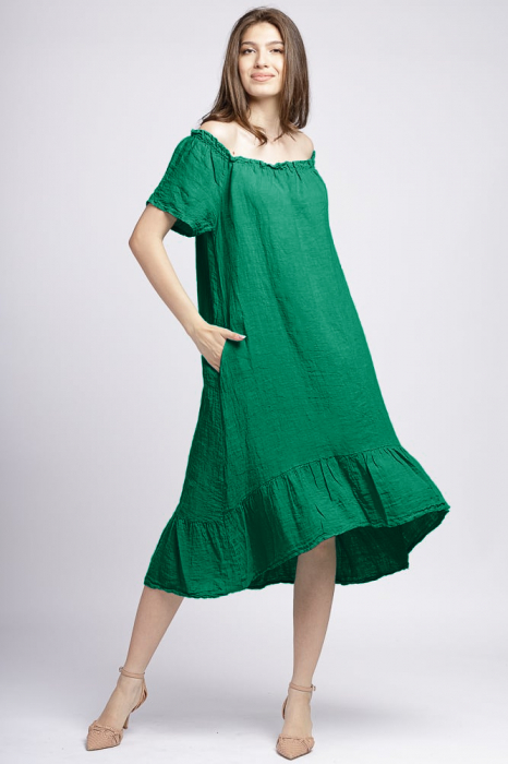 Rochie in colturi din in verde, cu decolteu pe elastic si volan la poale