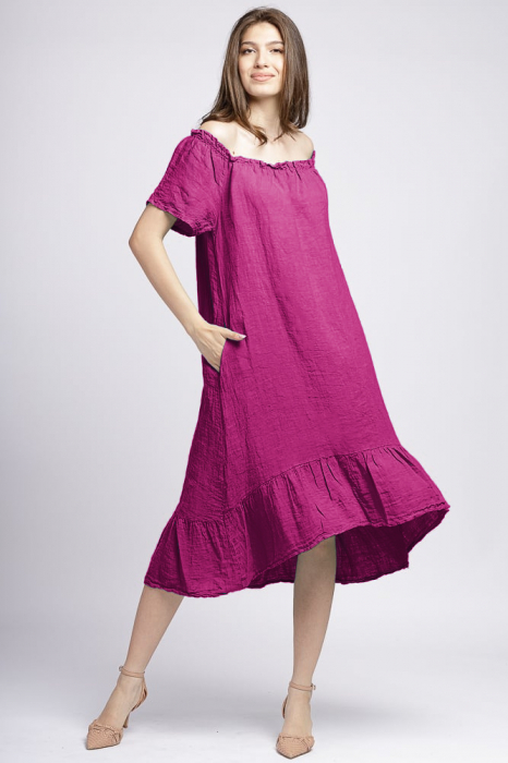 Rochie in colturi din in magenta, cu decolteu pe elastic si volan la poale