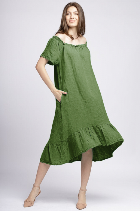 Rochie in colturi din in verde oliv, cu decolteu pe elastic si volan la poale