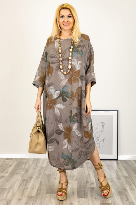 Rochie oversize lalea , din in bej inchis cu imprimeu floral