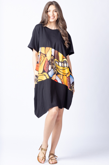 Rochie lalea asimetrica cu bust negru si imprimeu abstract
