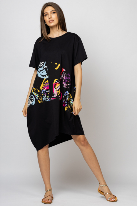 Rochie lalea asimetrica cu bust negru si imprimeu cu fluturi multicolori