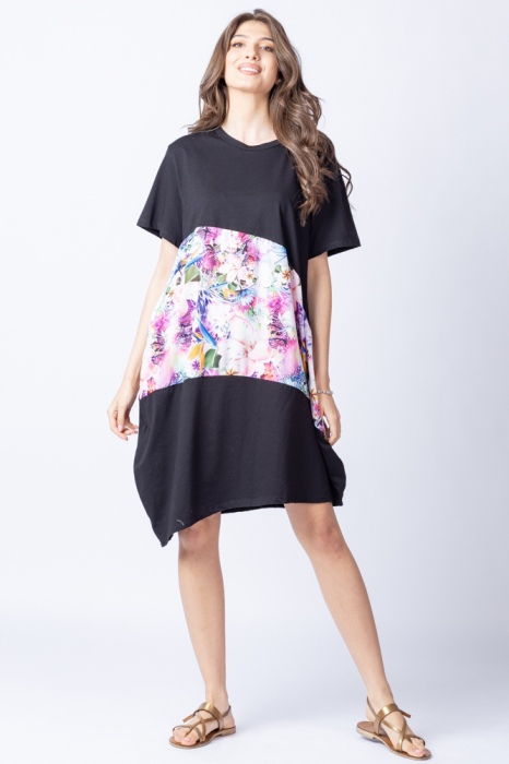 Rochie lalea asimetrica cu bust negru si imprimeu cu flori pastelate