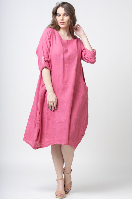 Rochie lalea din in cu buzunare, roz inchis