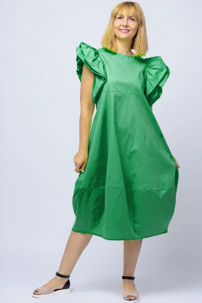 Rochie lalea din poplin verde, cu maneci bufante ample