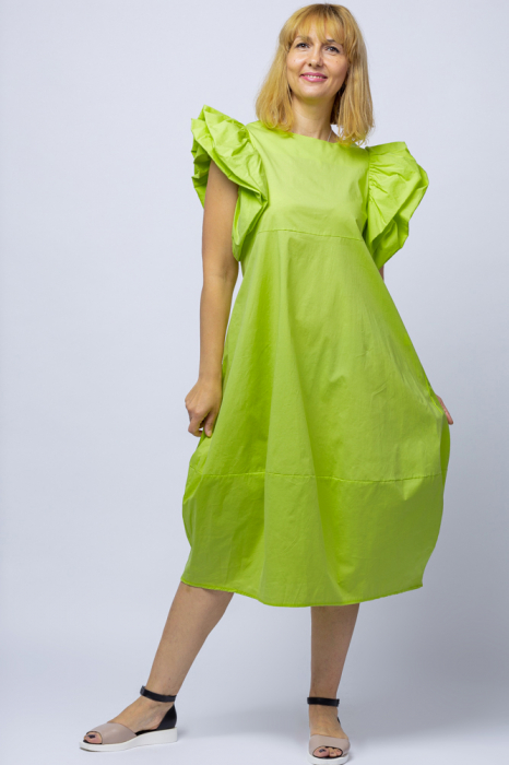 Rochie lalea din poplin satinat verde lime, cu maneci bufante ample
