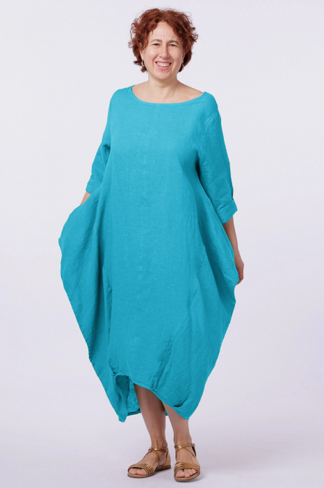 Rochie lalea in colturi, din in turcoaz