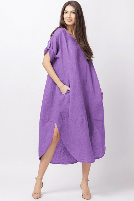 Rochie lalea oversize din in cu buzunare si crapaturi laterale rotunjite, mov