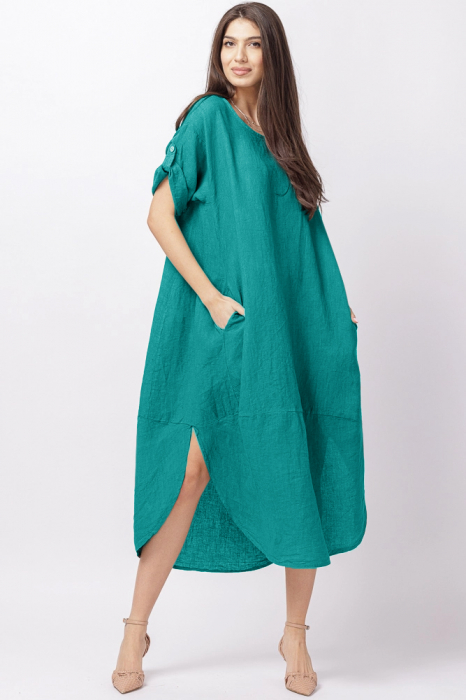 Rochie lalea oversize din in cu buzunare si crapaturi laterale rotunjite, turcoaz inchis