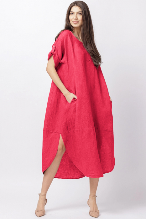 Rochie lalea oversize din in cu buzunare si crapaturi laterale rotunjite, fucsia inchis